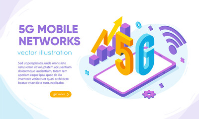 5G mobile networks design concept, flat isometric vector illustration. Bright, colorful template for presentation, web, advertisement, banner.