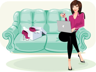 A woman in her scrap on the couch orders goods online