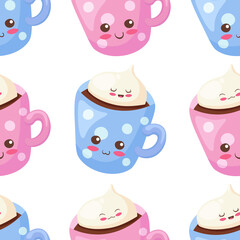 Cute seamless vector pattern with pink & blue cups of coffee with cream. Kawaii food characters illustration isolated on white background. Repeating background design for coffee shop, wrapping paper.
