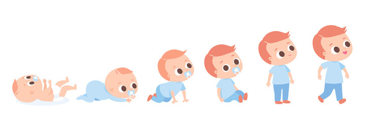 Baby toddler development timeline, baby growth stages. Crawling around and sitting. Set of baby characters.