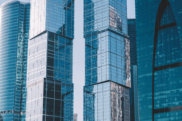 View of contemporary tall skyscrapers of Moscow city, modern office building in business center, new city construction, exterior view of big company