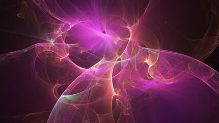 Abstract colorful purple and gold glowing shapes. Fantasy light background. Digital fractal art. 3d rendering.