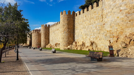 Fototapeta na wymiar Famous stone wall of the city of Avila, Spain
