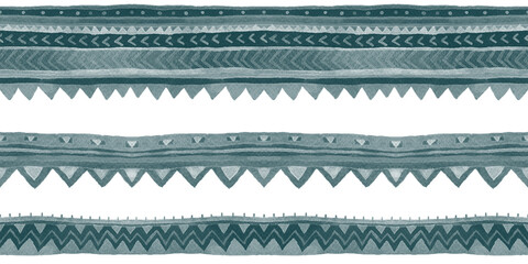Dark Teal tribal seamless borders with stripes and ornament. Watercolor raster ethnic design element.