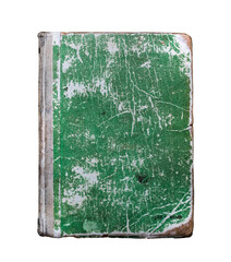 Old Vintage Antique Aged Rarity Green Book Cover Isolated on White. Rough Damaged Shabby Scratched Wrinkled Paper Cardboard Texture. Front View. 