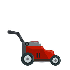 Naklejka premium Lawnmower. Gardening machine. Flat illustration. Red trimmer with Gasoline engine. Element for mowing and caring for lawn and grass. Modern model