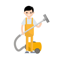 Cartoon flat illustration - cleaning from dust. Home vacuum cleaner. Household home appliances. A young man works at home, do cleaning in the jumpsuit