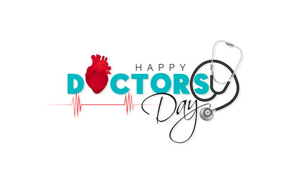 Doctor's Day.lettering of happy doctor's day with symbol of heart, and cross on white background.