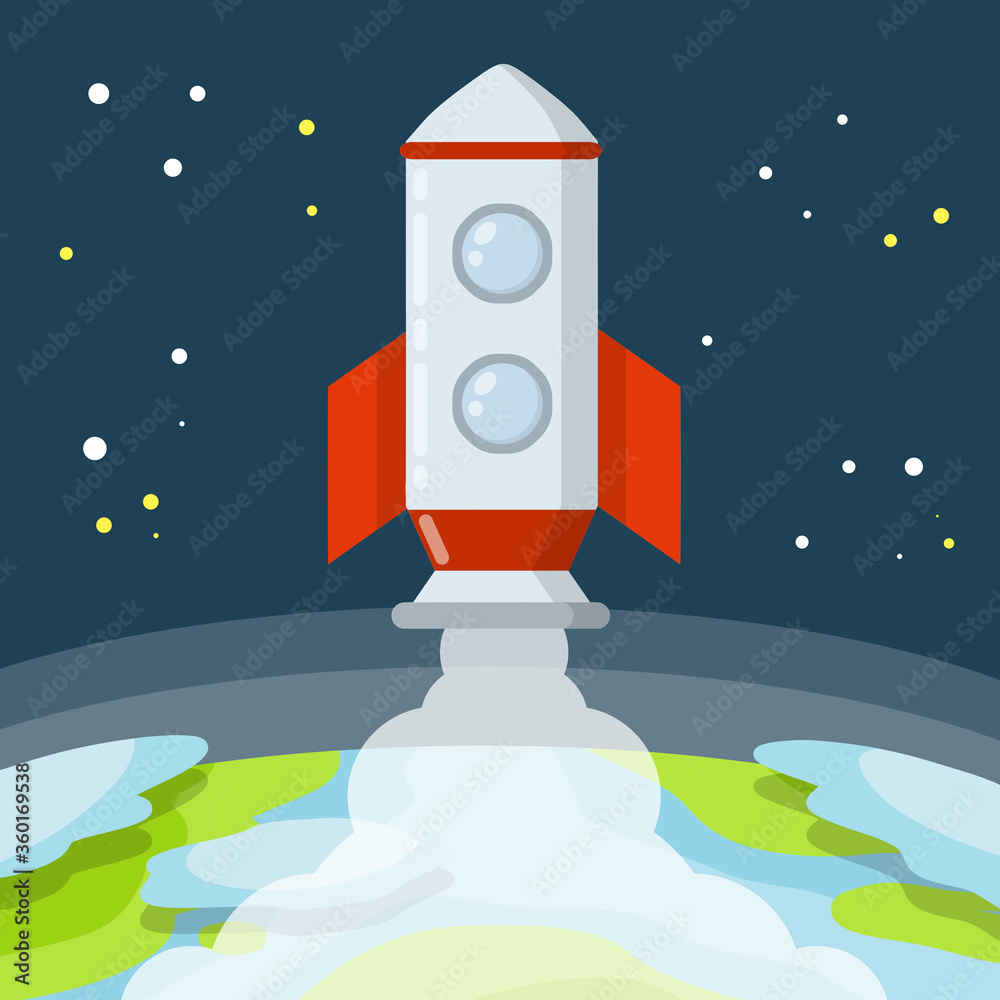 Wall mural rocket. launch of spaceship. flight into space. red and white spacecraft. takeoff from the planet wi