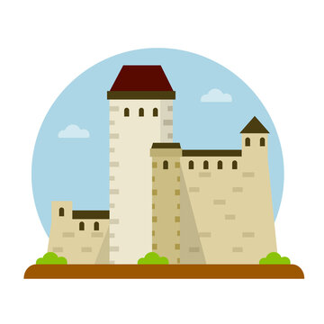 Narva castle. Medieval stone citadel. Flat cartoon illustration. Fortress of knight and king with tower and wall. Tourist attraction in Estonia. Eastern European landmark