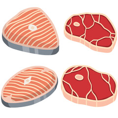 Piece of red salmon fish meat with pink stripe. Food for Cooking sushi. Set of Raw Seafood. Cut off part. Slices with grey skin. Kitchen and meal element. Cartoon illustration. Steak and barbecue