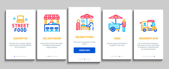 Street Food And Drink Onboarding Mobile App Page Screen Vector. Food Truck And Bicycle, Cart And Stand, Burger And Sauce Bottles, Catering Service Color Illustrations