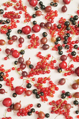 Fruit pattern of colorful fresh berries on white background. Top view. Flat lay. Summer Organic Berry Cherry, Currant, Gooseberry. Agriculture, Gardening, Harvest Concept. Vitamins, Healthy Diet.