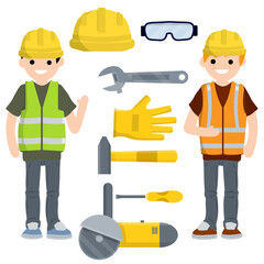 Two Men workers in yellow and green uniform with helmets. Repair and installation tools. Industrial safety. Maintenance service. Screwdriver, wrench, grinder, hammer, glasses and helmet