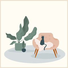 Abstract handmade cat and  plant illustration.