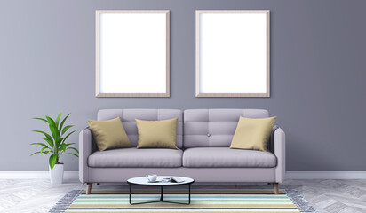 White posters on wall in living room interior. Blank frames mockup for you design.