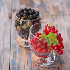 red and black currants in a glass on the table