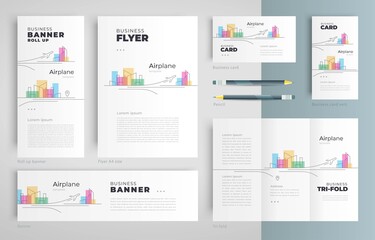 Airplane takeoff city building tower theme Set flyer cover, tri-fold, banner, roll up banner, business card