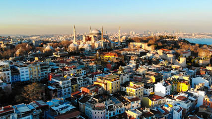 Evening aerial panorama of Istanbul overlooking Hagia Sophia.