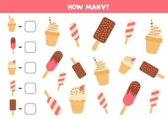 Count the amount of ice creams. Math game for kids.
