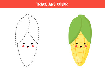 Trace and color cute kawaii corn. Coloring page for kids.