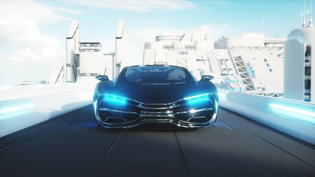 black futuristic electric car very fast driving in sci fi sity, town. Concept of future. Realistic 4k animation.