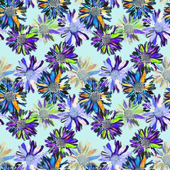 Fototapeta na wymiar Seamless retro floral pattern. Lilac flowers on a light turquoise background.
