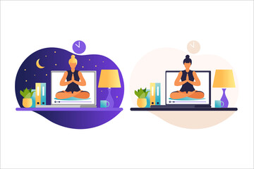 Woman doing yoga exercises. Internet yoga courses concept. Wellness and healthy lifestyle at home. Yoga classes with an online trainer. Woman teaches classes remotely. Vector illustration in flat.