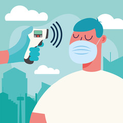 Hand holding thermometer gun checking man temperature vector design