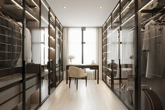 3d Rendering Of A Luxury Modern Beige And Black Walk In Closet  With A Desk