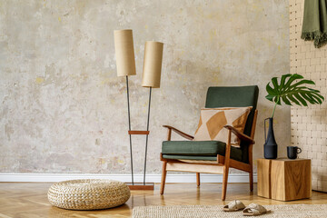 Modern retro composition of living room interior with design armchair, rattan pouf, vintage lamp, tropical leaf, plaid, carpet, decoration and elegant presonal accessories in wabi sabi concept.