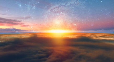 View of the planet Earth from space during a sunrise against milkyway galaxy 