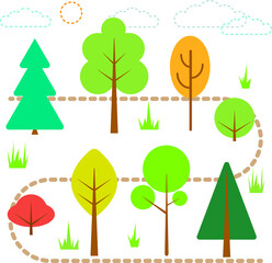 a set of simple vector trees-firs, deciduous, shrubs on a cute background