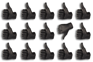 hand pattern in black latex gloves with gesture like and one dislike