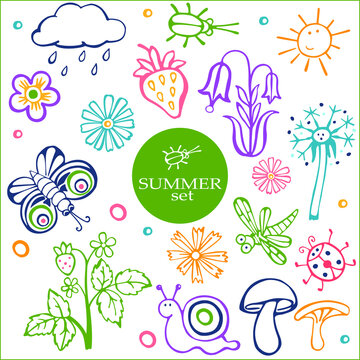 summer cartoon set of insects, flowers and berries