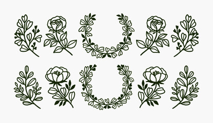 Set of hand drawn flowers, wreath, plant, leaf, and foliage element for wedding invitation, logo, symbol, greeting cards, or banner. Summer, spring, and autumn botany element