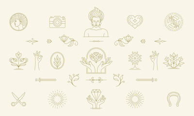 Vector line feminine decoration design elements set - women face and gesture hands illustrations simple linear style