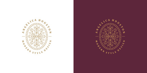 Flower line and branch with leaves vector logo emblem design template illustration simple minimal linear style