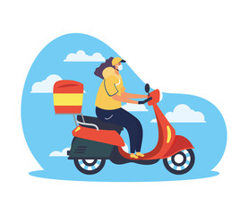 Fototapeta na wymiar safe food delivery female worker in motorcycle for covid19
