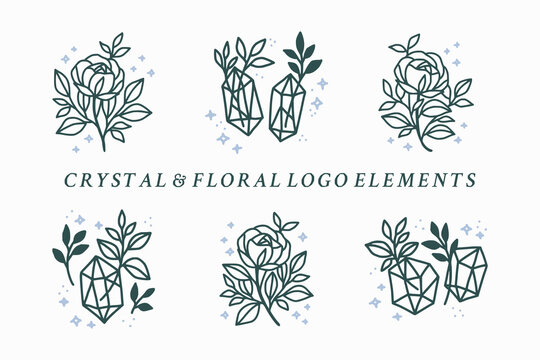 collection of hand drawn vintage and aesthetic crystal and rose flower logo elements with sparkles and stars for cards, icon, invitation, banner, or floral stickers