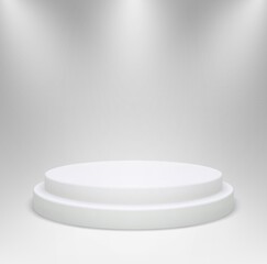 Realistic white round podium in studio lighting. 3d pedestal or platform for product showcase on a gray background. Vector illustration.