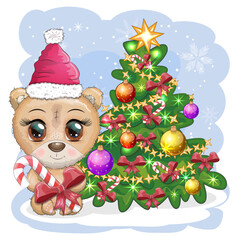 Cute cartoon bear with big eyes in a Christmas hat near a decorated Christmas tree.