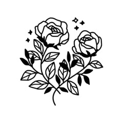 Hand drawn monochrome rose flower plant, leaf, and foliage element for wedding invitation, logo, symbol, greeting cards, decor, botanical icon, or banner. Summer, spring, and autumn botany element