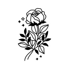 Hand drawn monochrome rose flower plant, leaf, and foliage element for wedding invitation, logo, symbol, greeting cards, decor, botanical icon, or banner. Summer, spring, and autumn botany element