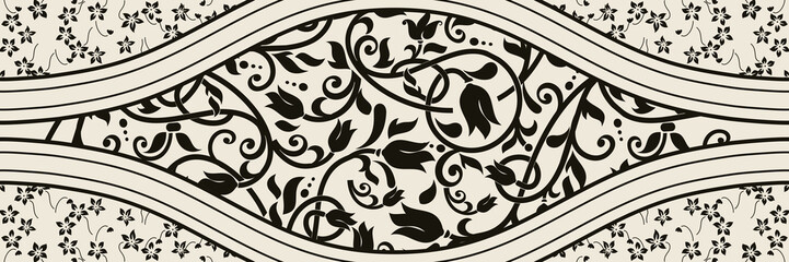 Majolica pottery tile, black and gray azulejo, original traditional Portuguese and Spain decor. Seamless border with Victorian motives. Vector illustration.	
