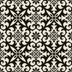 Seamless Damask pattern. Majolica pottery tile, black and gray azulejo, original traditional Portuguese and Spain decor. Seamless tile with Islam, Arabic, Indian, Ottoman motifs