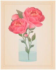 Bouquet of blossoming bright pink peony buds in a glass vase.