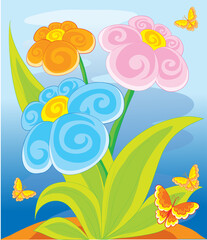 Fototapeta na wymiar blue background with colorful flowers and butterflies, cartoon illustration, isolated object on a white background, vector illustration,