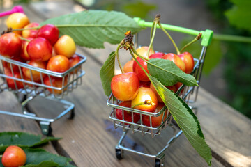 fresh ripe cherries in a shopping cart, fruits and berries purchasing concept