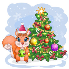 Cute cartoon squirrel with beautiful eyes in a Santa Claus hat with a Christmas gift, candy cane, ball near a decorated Christmas tree